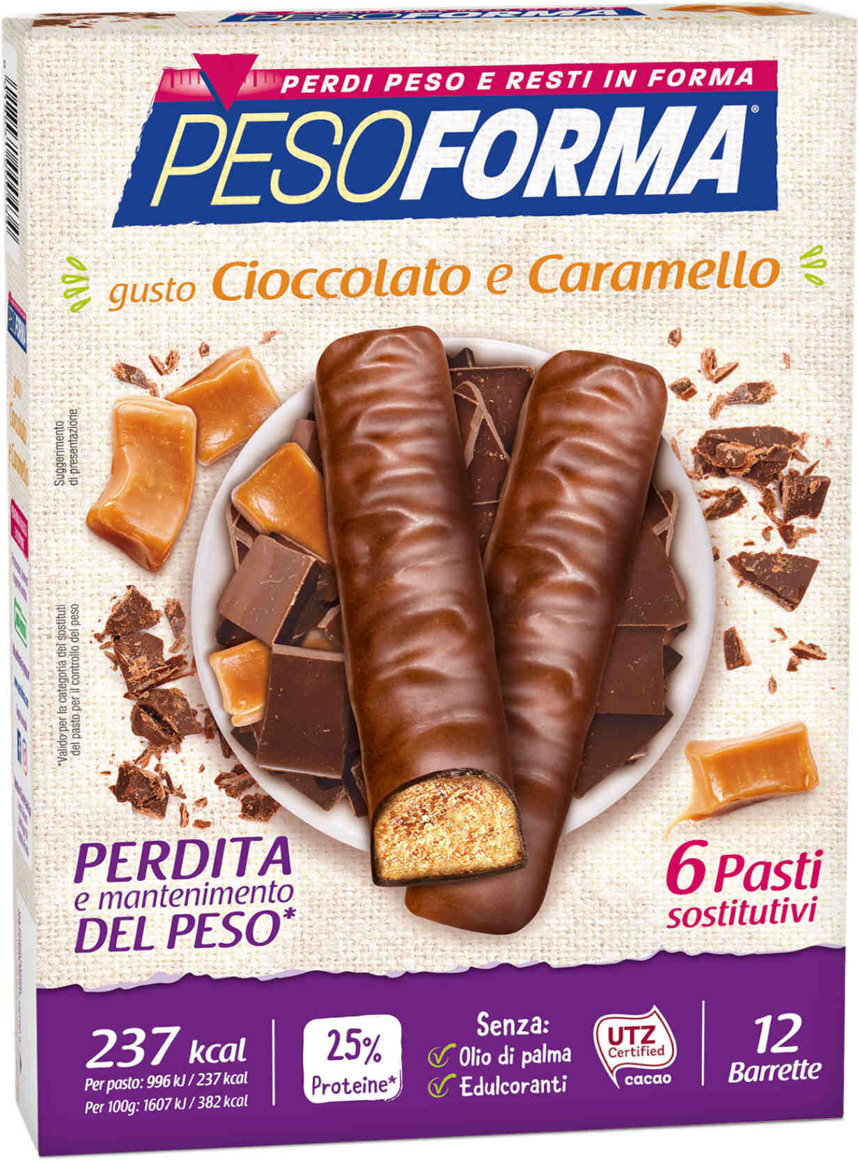 pesoforma barrette al cioccolato e caramello 12 barrette da 31 grammi