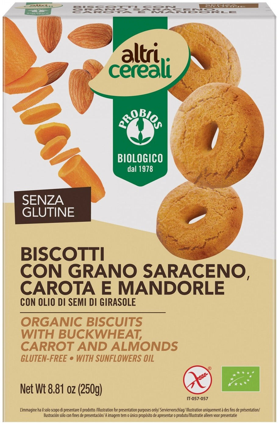 probios altri cereali - biscotti con grano saraceno carota e mandorle 250 grammi