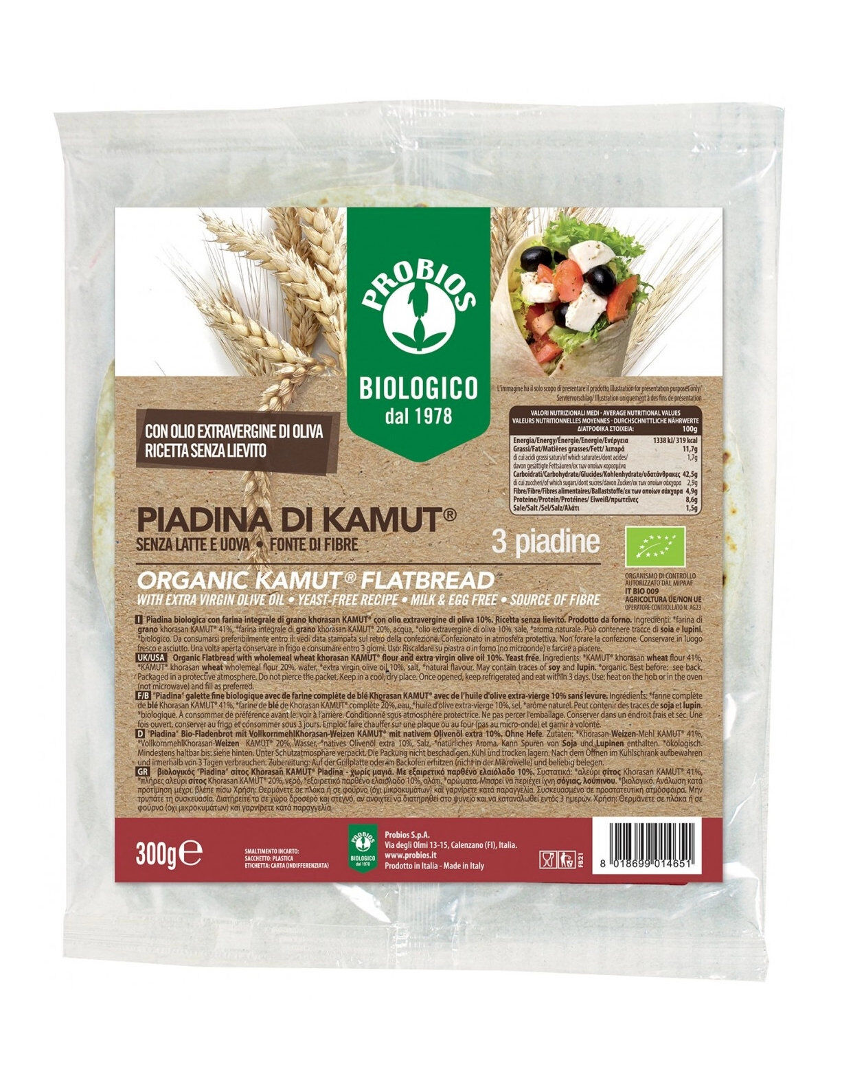 probios top grain - kamut piadina 3 piadine da 100 grammi