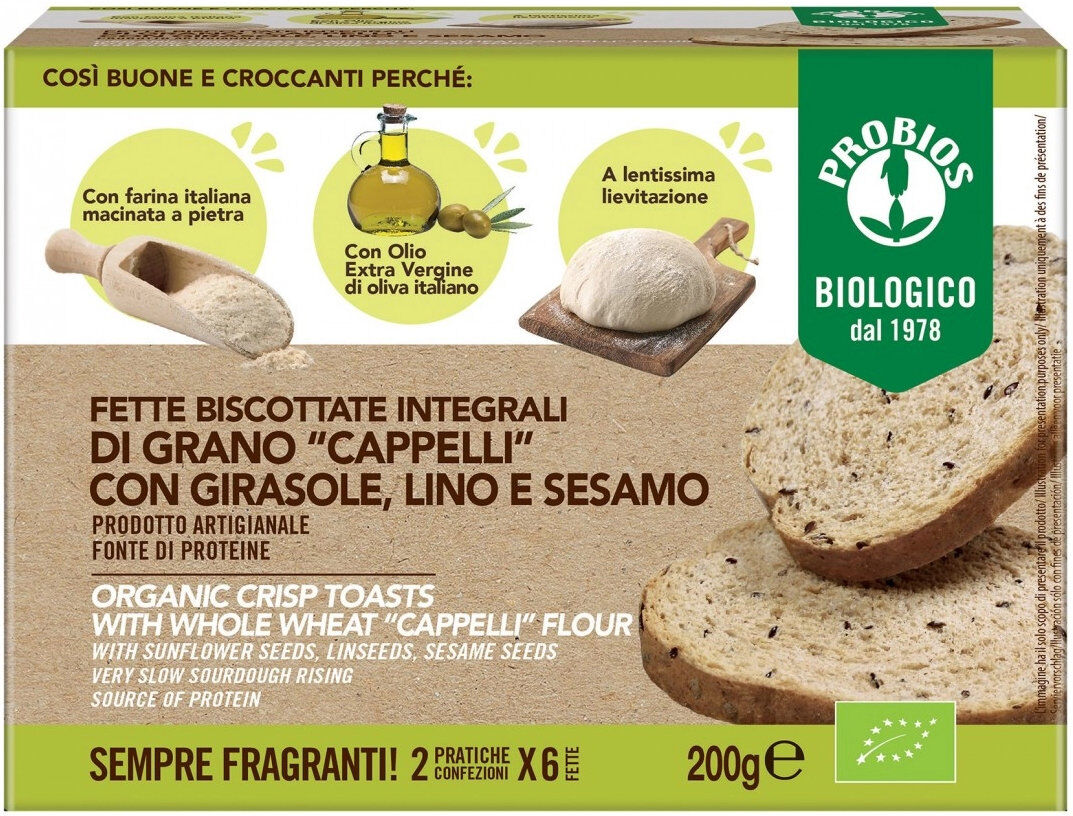 probios fette biscottate integrali di grano cappelli con girasole, lino e sesamo 200 grammi