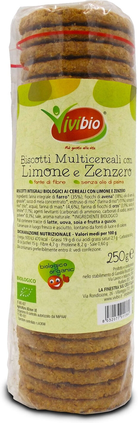 vivibio biscotti multicereali con limone e zenzero 250 grammi