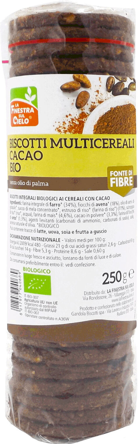 LA FINESTRA SUL CIELO Biscotti Multicereali Cacao Bio 250 Grammi