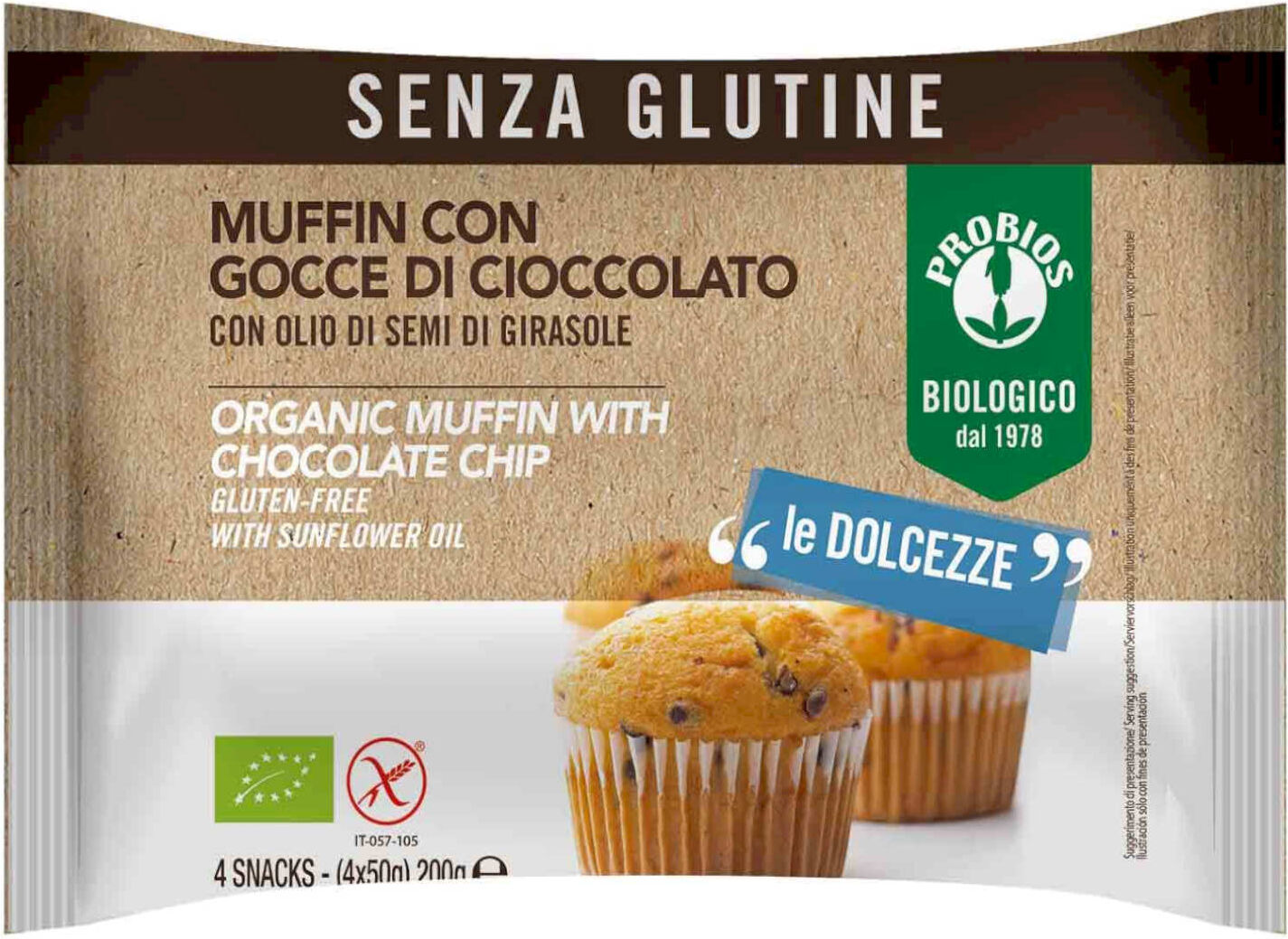 PROBIOS Muffin Con Gocce Di Cioccolato 4 Snack Da 50 Grammi