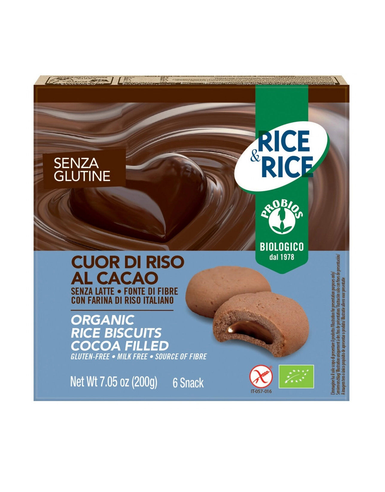 PROBIOS Rice & Rice - Cuor Di Riso Al Cacao Senza Glutine 6 Snack Da 33 Grammi