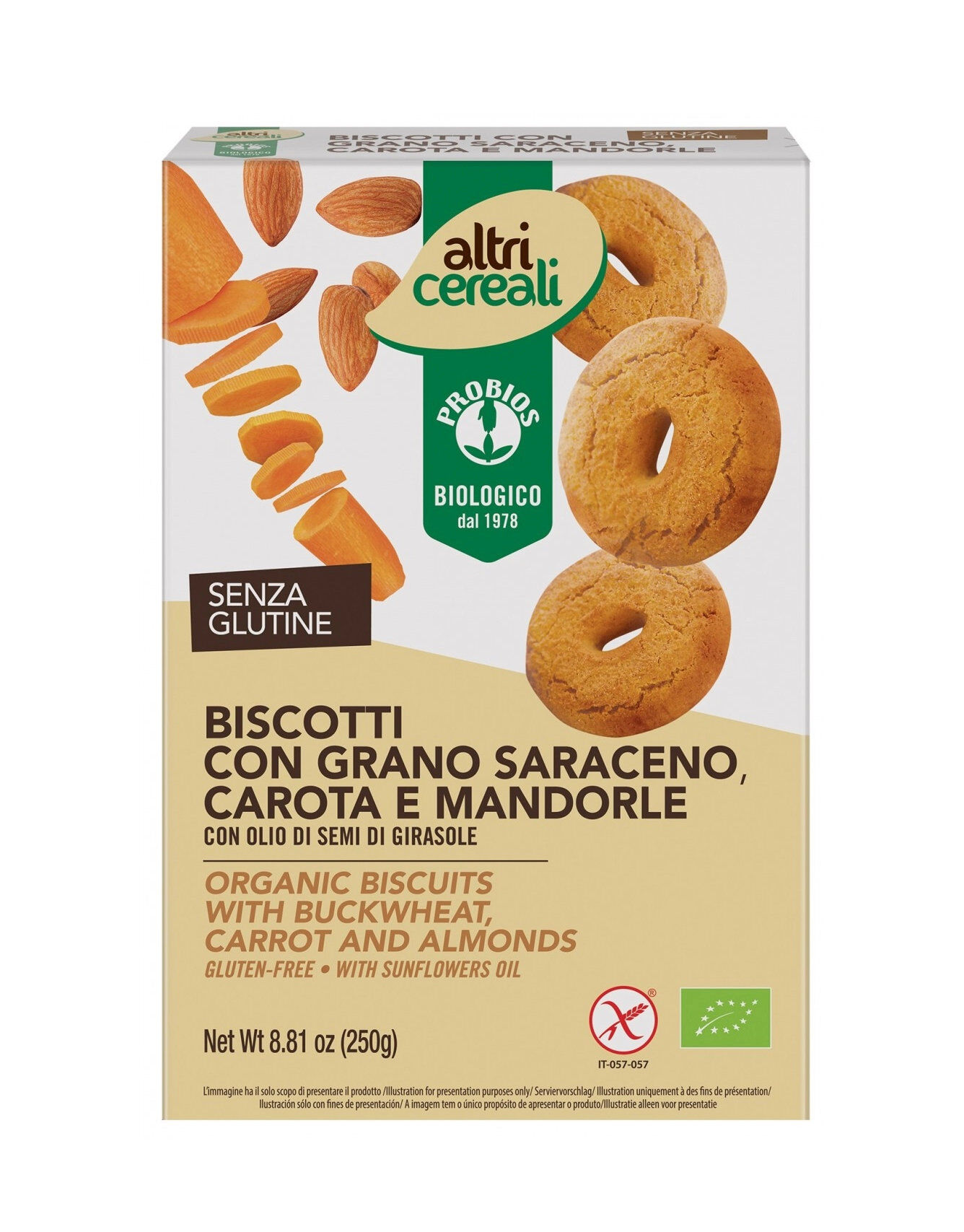 PROBIOS Altri Cereali - Biscotti Con Grano Saraceno Carota E Mandorle 250 Grammi