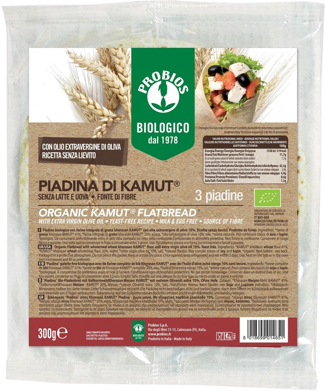 PROBIOS Top Grain - Kamut Piadina 3 Piadine Da 100 Grammi