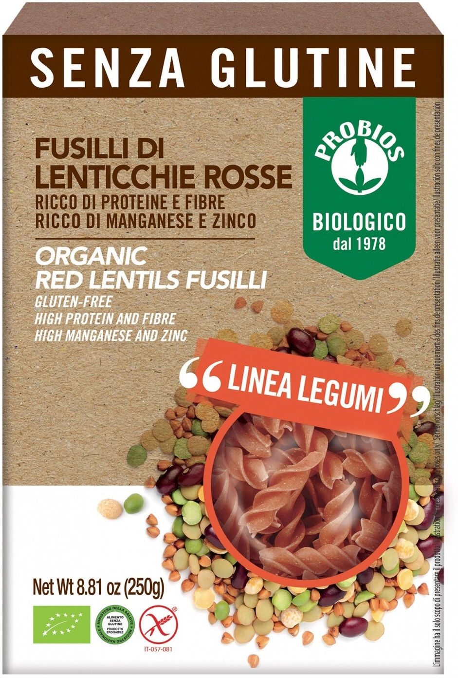 PROBIOS Specialità 100% Legumi - Fusilli Di Lenticchie Rosse 250 Grammi