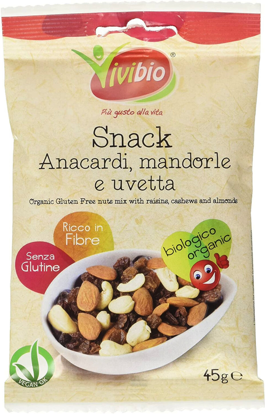 VIVIBIO Snack Anacardi Mandorle E Uvetta 45 Grammi