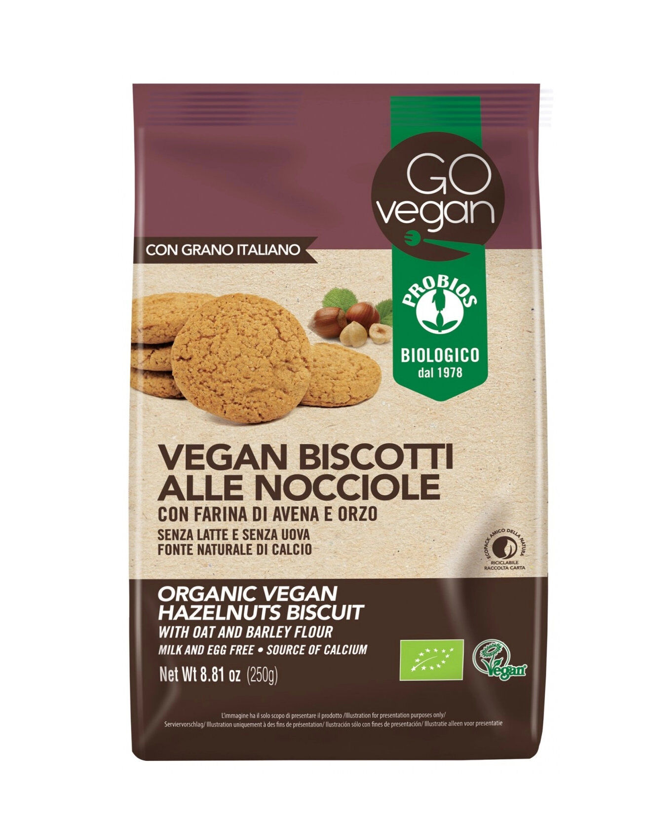 PROBIOS Go Vegan! - Vegan Biscotti Alle Nocciole Con Farina Di Avena E Orzo 250 Grammi