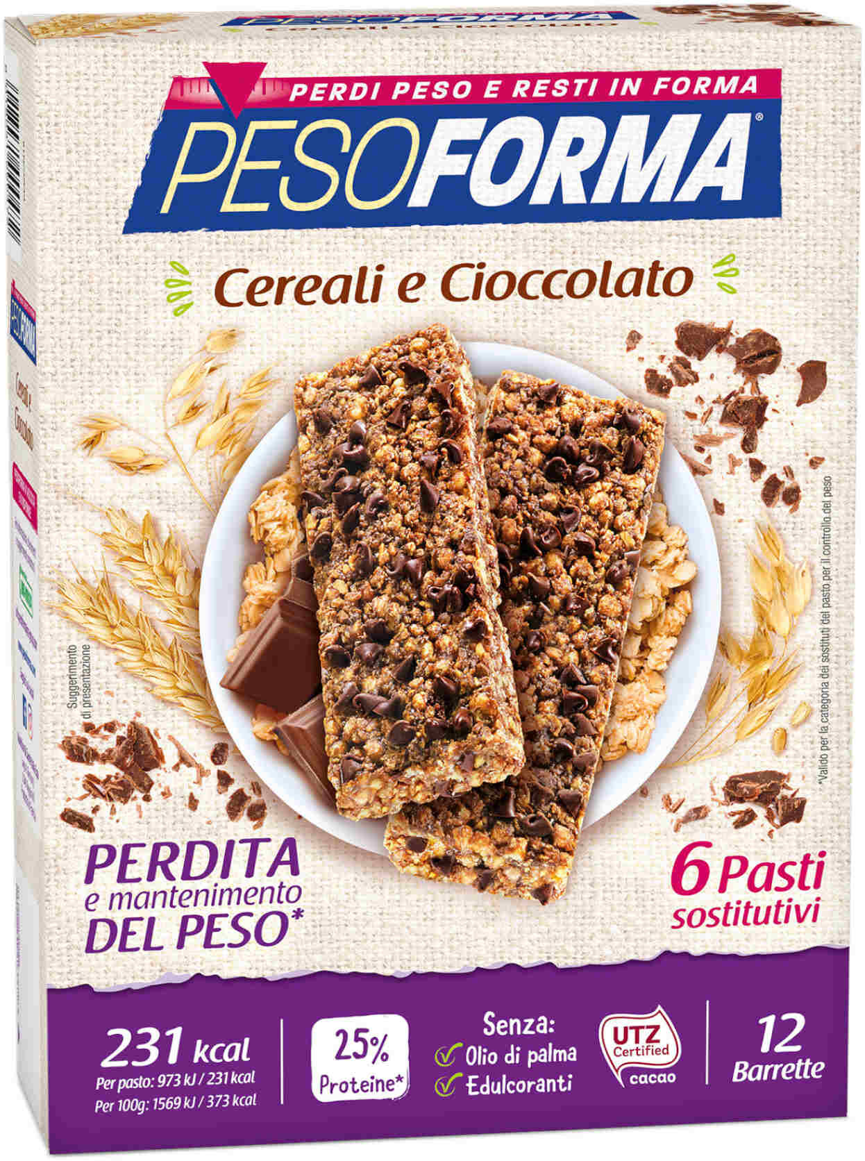 pesoforma barrette ai cereali e cioccolato 12 barrette da 31 grammi cereali e cioccolato