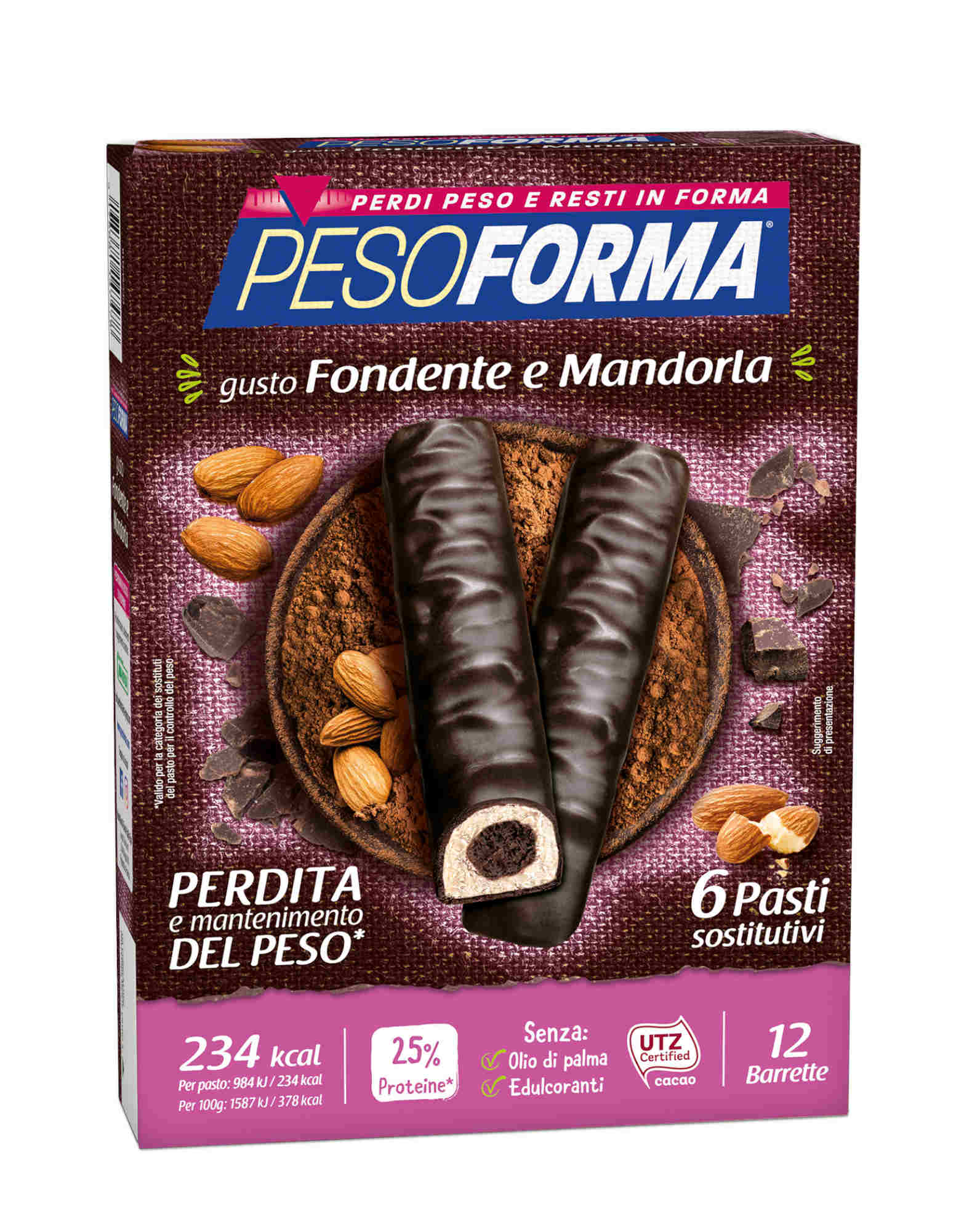 pesoforma barrette al cioccolato fondente & mandorla 12 barrette da 31 grammi