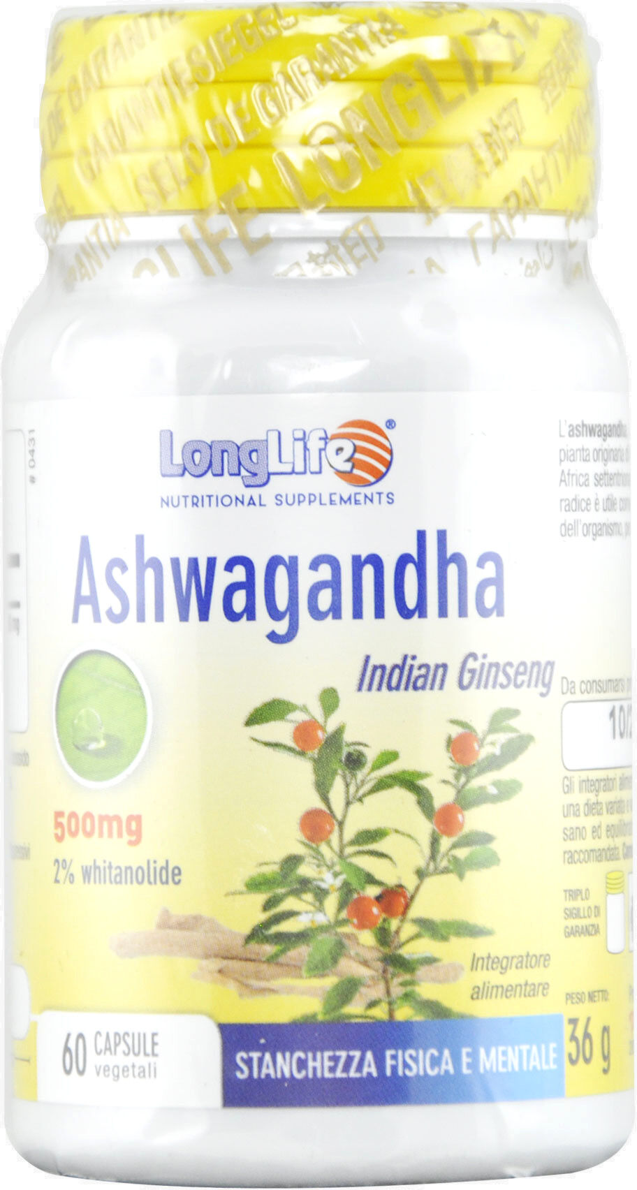 long life ashwagandha 500mg 60 capsule vegetali