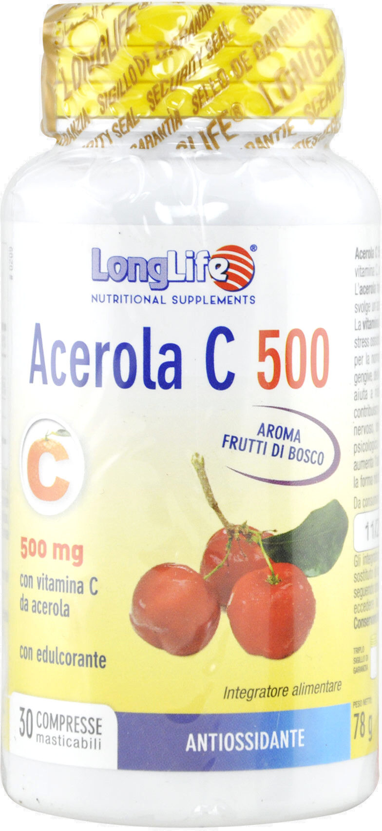 long life acerola c 500 30 compresse masticabili frutti di bosco