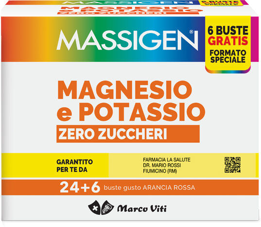 MASSIGEN Magnesio E Potassio Zero Zuccheri 24 + 6 Bustine Da 4 Grammi