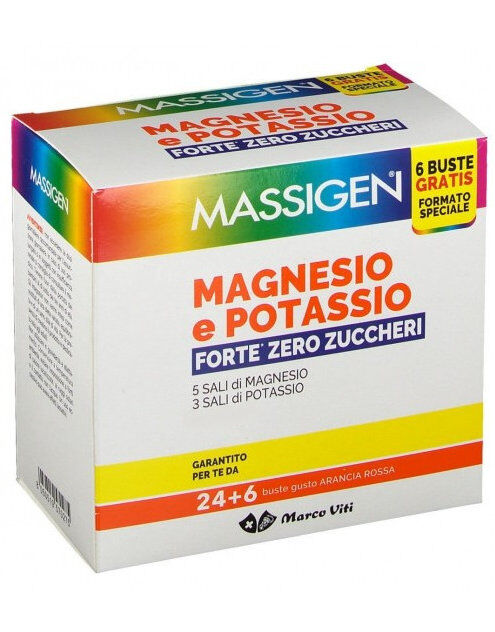 MASSIGEN Magnesio E Potassio Forte Zero Zuccheri 24 + 6 Bustine Da 8 Grammi