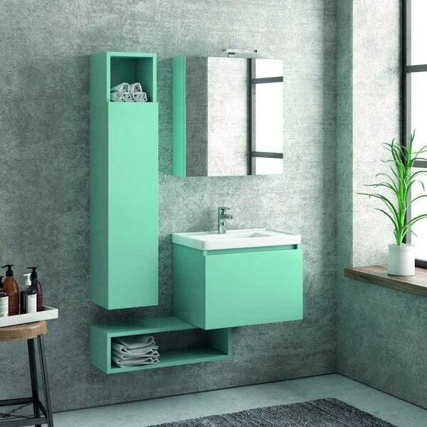 kamalu composizione mobili bagno sospesi 60 cm con lavabo, colonna, specchio e pensile sp-60a