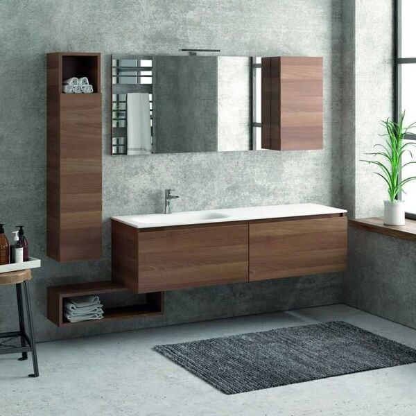 kamalu composizione bagno 155cm sospesa, composta da mobile con lavabo, specchio, colonna e pensile sp-155e