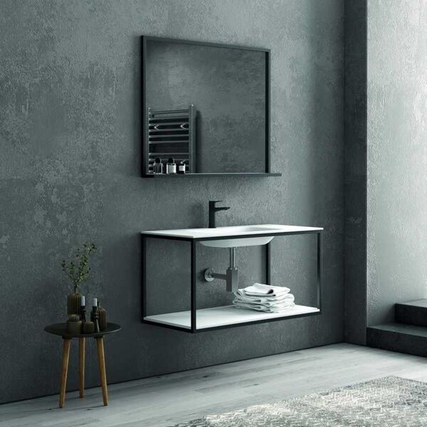 kamalu composizione bagno metallica nera 100cm con lavabo e ripiano solid surface, specchio nero nico-100n