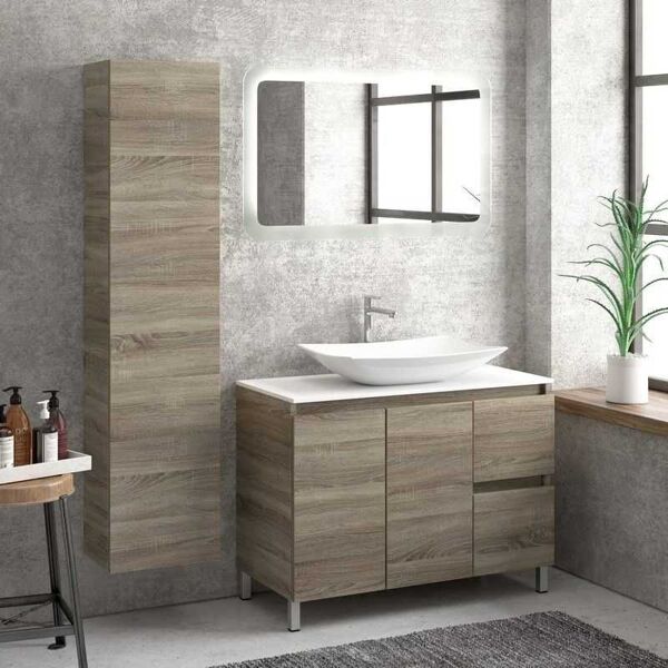 kamalu composizione bagno 100cm a terra: mobile, specchio led e colonna tod-100b