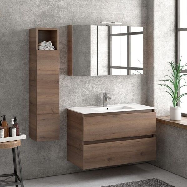 kamalu composizione bagno sospesa 100cm: mobile con lavabo, specchio contenitore e colonna tod-100f