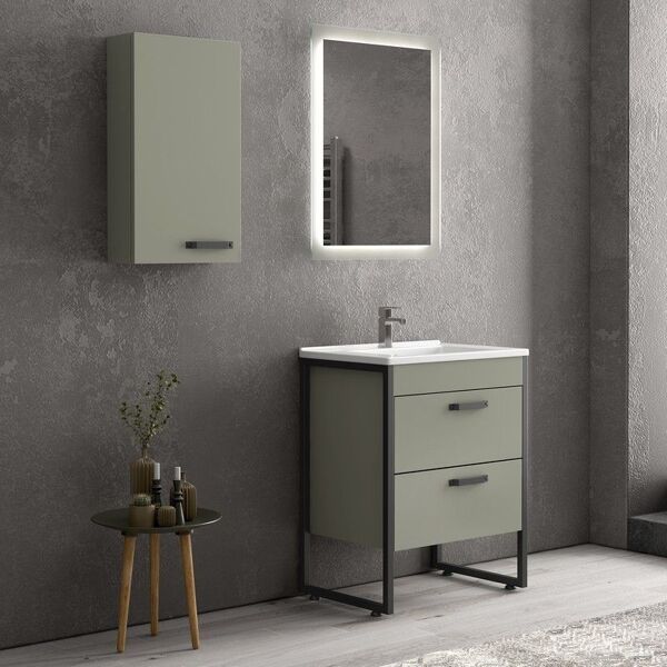 kamalu composizione bagno a terra 65cm: mobile con lavabo, specchio led e pensile ikos-65