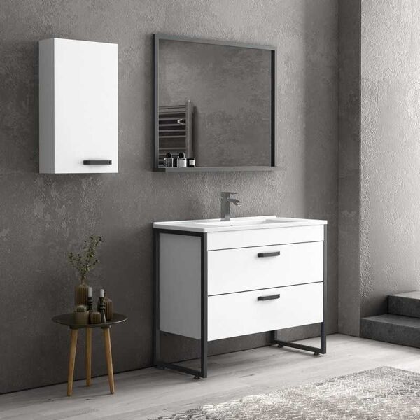 kamalu composizione bagno 100cm: mobile con lavabo, specchio contenitore e pensile ikos-85