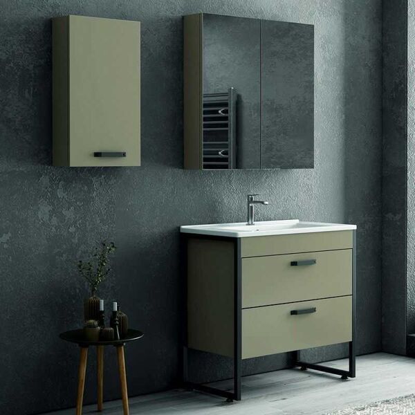 kamalu composizione bagno a terra 85cm: mobile con lavabo, specchio contenitore e pensile ikos-85