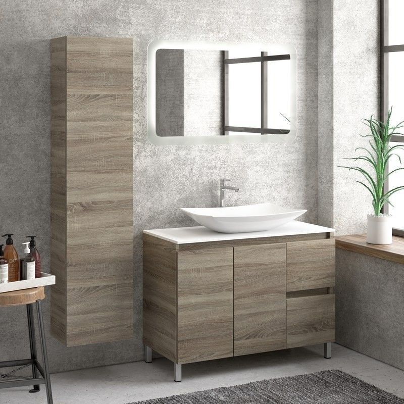 kamalu composizione bagno 100cm a terra: mobile, specchio led e colonna tod-100b