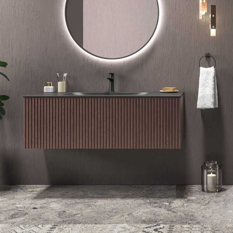 kamalu mobile bagno sospeso 120cm rovere effetto cannettato con lavabo nero kds-120l