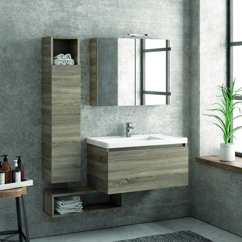 kamalu Composizione bagno sospesa 80cm composta da mobile colonna specchio e pensile