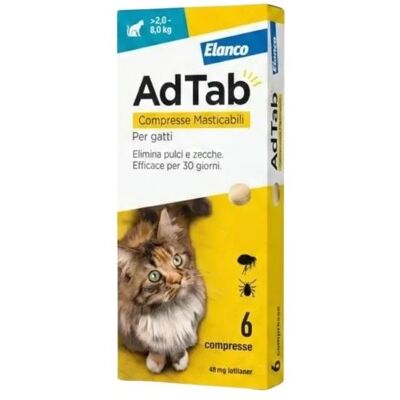 Adtab Antiparassitario Per Gatti 2-8 Kg Pulci E Zecche 6 Compresse Masticabili 48 Mg Adtab Antiparassitario Per Gatti 2-8 Kg Pulci E Zecche 6 Compresse Masticabili 48 Mg