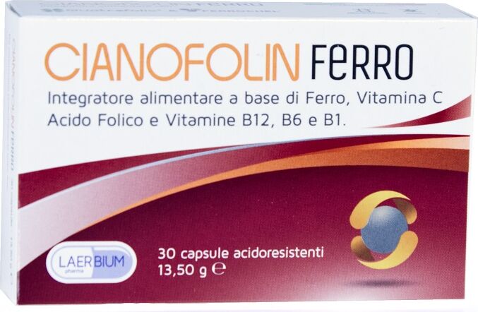 laerbium pharma srl cianofolin ferro 30 capsule- integratore di ferro per il benessere del sistema nervoso