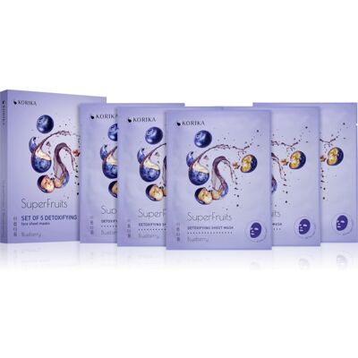 KORIKA SuperFruits Blueberry - Set of 5 Detoxifying Face Sheet Masks maschera per il viso a prezzo ridotto con effetto disintossicante Blueberry KORIKA SuperFruits Blueberry - Set of 5 Detoxifying Face Sheet Masks maschera per il viso a prezzo ridotto con effetto disintossicante Blueberry