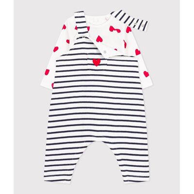 PETIT BATEAU Salopette a righe e body con stampa a cuori PETIT BATEAU Salopette a righe e body con stampa a cuori