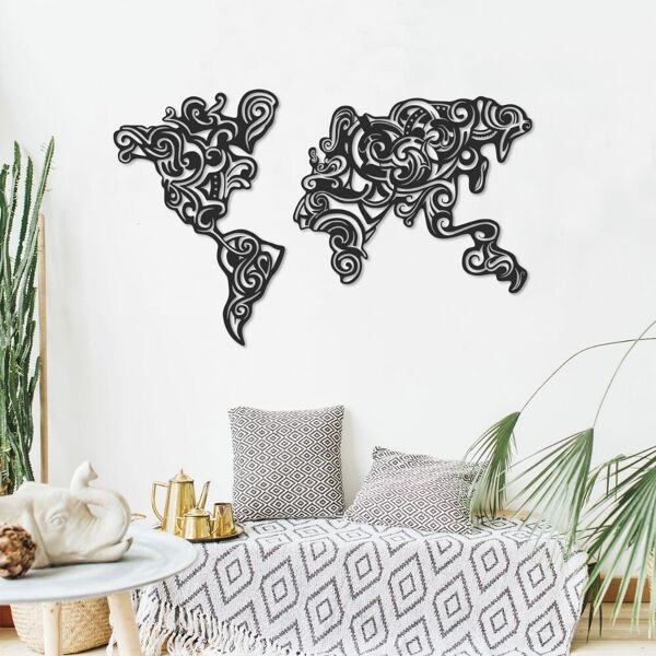 toscohome cornice decorativa mappa continenti stilizzati in metallo colore nero - tribal