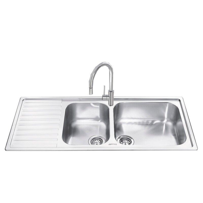 Lavello incasso semifilo 2 vasche e gocciolatoio sinistro inox spazzolato 116x50 - Smeg LG116S