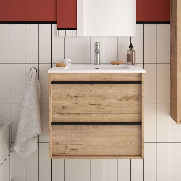 toscohome mobile bagno sospeso 60 cm aegis in legno rovere ostippo con lavabo e 2 cassetti