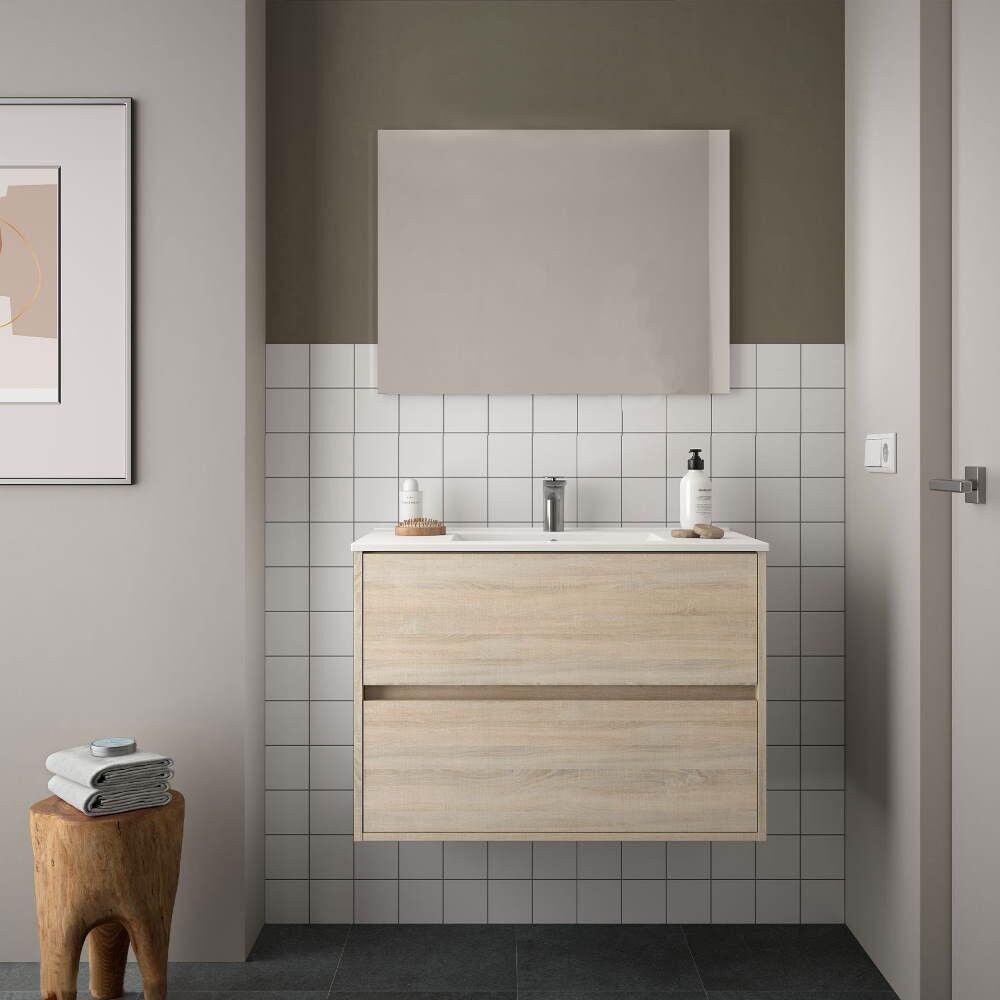 toscohome mobile bagno sospeso 80 cm rilassu in legno colore rovere con lavabo in porcellana