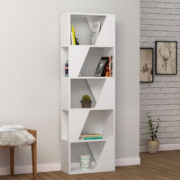 toscohome libreria 54x168h cm in legno con 5 ripiani colore bianco - frame