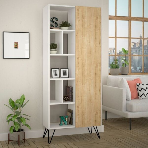 toscohome libreria 80,6x191h cm colore bianca con anta colore rovere - jedda