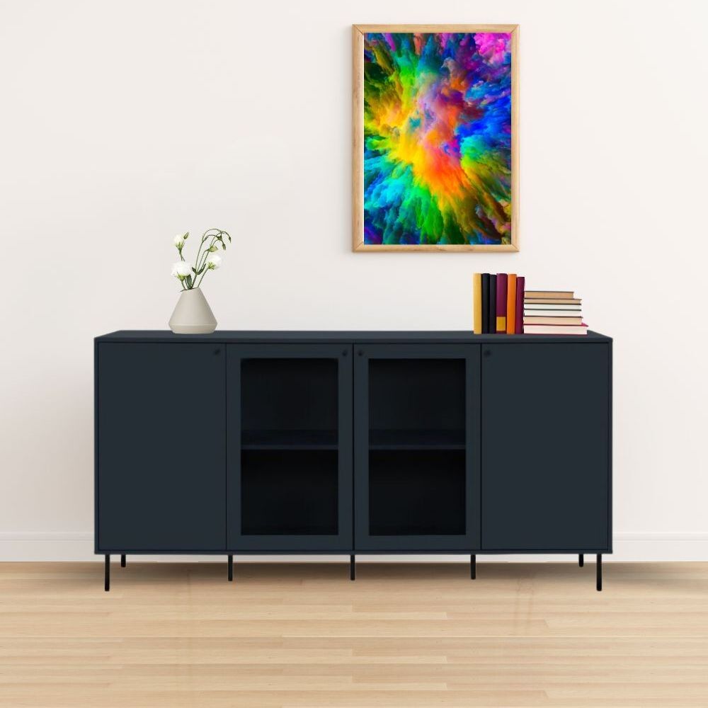 Toscohome Credenza moderna 180cm con ante in vetro e ripiani colore blue navy - Caracas