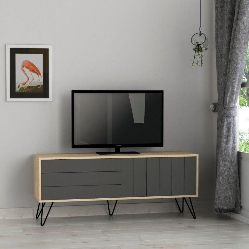 Toscohome Mobile porta TV 139 cm con due ante a ribalta colore antracite e rovere - Piccadilly