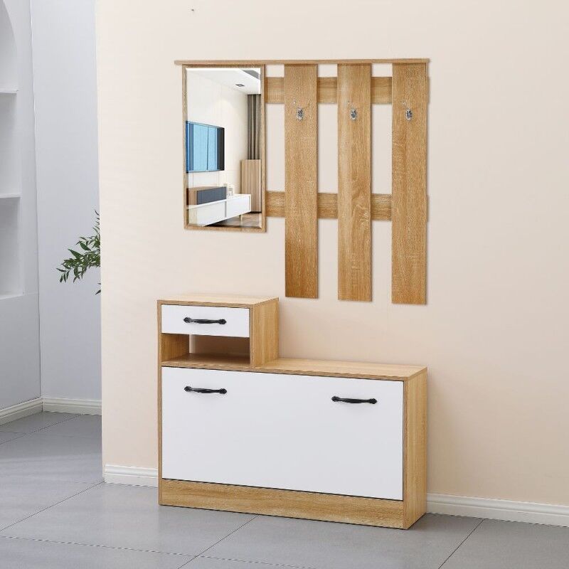 Toscohome Mobile ingresso 100 cm con specchio e scarpiera colore rovere e bianco lucido - Rudolf