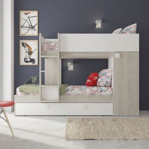 Toscohome Letto a castello Climb per due bambini con letto estraibile e armadio colore bianco consumato e bianco