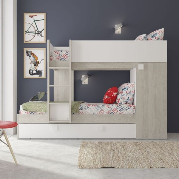 toscohome letto a castello climb per due bambini con letto estraibile e armadio colore bianco consumato e bianco