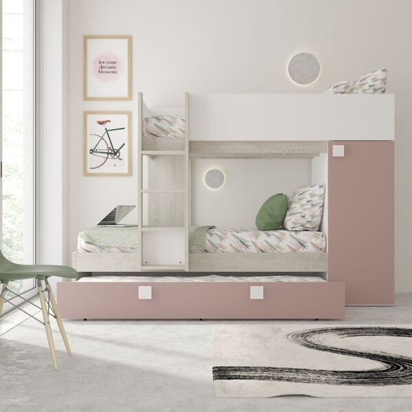 toscohome letto a castello climb per due bambini con letto estraibile e armadio colore bianco consumato e rosa antico