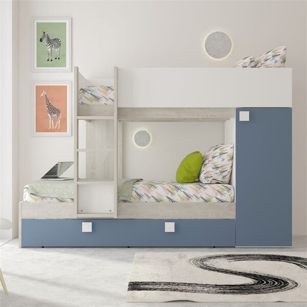 toscohome letto a castello climb per due bambini con letto estraibile e armadio colore bianco consumato e azzurro