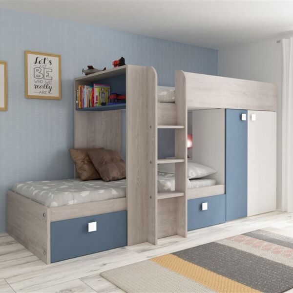 toscohome letto a castello bunky per due bambini con cassetti e armadio colore bianco vintage e azzurro