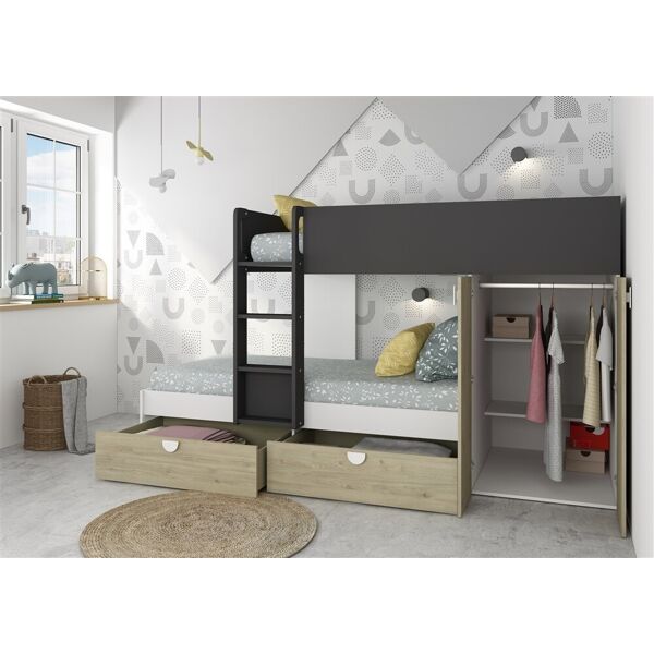 toscohome letto a castello gilbo per due bambini con armadio e cassetti colore rovere e antracite