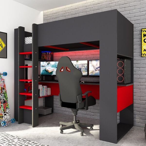 toscohome letto a castello gamex per bambino con scrivania da gamer colore antracite e rosso